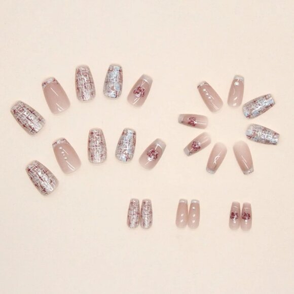 24pcs Short Coffin Plaid Pearl Flower Pattern Press-on Nails - Picture 4 of 4